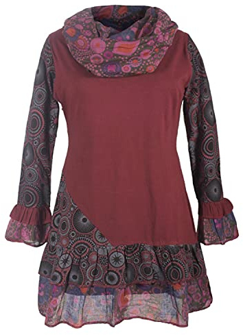 Vishes - Alternative Bekleidung - Damen Langarm Mandala Rüschen-Kleid mit Kapuzenschal