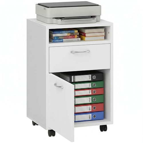 HOMCOM 60cm Filing Cabinet with Drawer, Open Shelf, Metal Handles and 4 Wheels, Office Home Organiser Mobile Printer, White