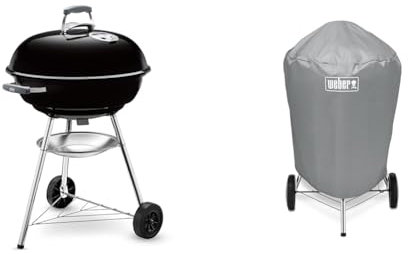 Weber 1321004 Holzkohlegrill Compact Kettle, Durchmesser 57 cm, Schwarz, Kugelgrill + Grill-Abdeckhaube für Holzkohlegrills mit einem Durchmesser von 57 cm, Grau