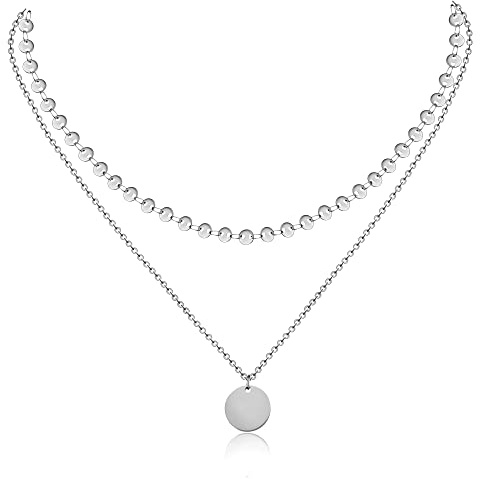 AFSTALR Geschenke für Mama Damen Layered Kette mit Runder Plättchen, Hochwertige Edelstahl Ketten in Silber, Multi Layer geeignet Muttertagsgeschenk