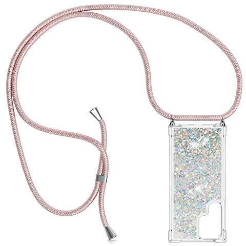 YuhooTech Handykette Hülle Kompatibel mit Samsung Galaxy S22 Ultra Handyhülle - Quicksand Glitzer Hülle mit Band - Silikon Handyhülle mit Kordel Umhängenband - Schnur mit Treibsand Case zum Umhängen