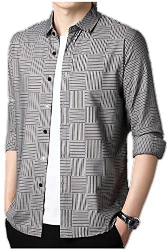 NP Printemps Automne Business Pas de Repassage Manches Longues Plaid Casual Hommes Chemise à Manches Longues Respirant, gris clair, S