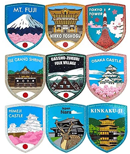 A-ONE Wahrzeichen in Japan, schimmernde Regenbogenspiegel, Aufkleber, 9 Stück + Hyottoko-Maskenwelt, Aufnäher, 1 Stück, japanische Flecken, Autoaufkleber, Aufkleber für Touristen-Souvenir SR8 + Nr.196