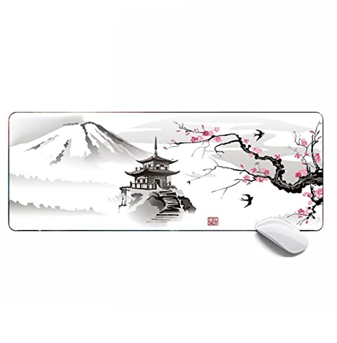 Hübsches Gaming-Mauspad, japanische Kunstmalerei, Kirschblüte, erweitertes großes Mauspad, Schreibtischunterlage, 80 x 30 x 0,3 cm, genähte Kanten