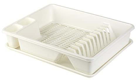 Engelland Abtropfgestell, Abtropfgitter, Farbe: Creme-Weiß, Geschirrständer, Küche, Abtropfschale, Geschirrkorb, Abtropfkorb, aus Kunststoff, für bis zu 11 Teller, L 42 x B 32,5 x H 8,5 cm