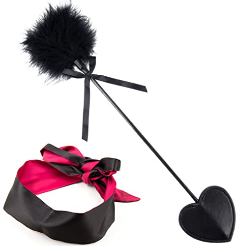 2 Stücke Erotik Augenbinde Augenmaske mitFederkitzler Tickler Gerte schwarz rot Massage Federstab Federn Bondage SM