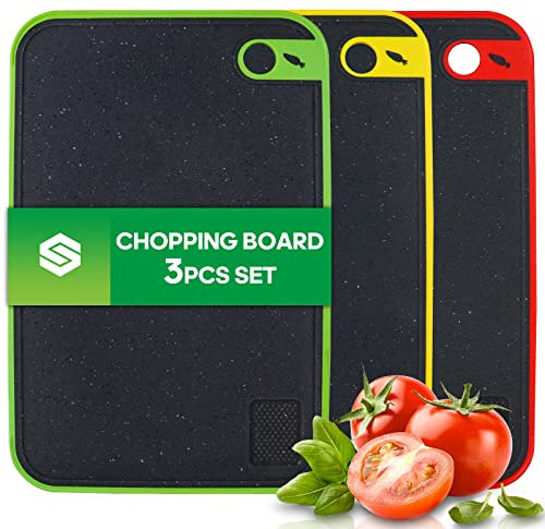 BOCHION Chopping Board Set, 3 Thick Plastic Cutting Boards with Non-Slip Feet and Garlic Press Grove, Large Chopping Boards for Kitchen BPA Free, Ideal for Meat/Fruits/Vegetables/Bread (Black)