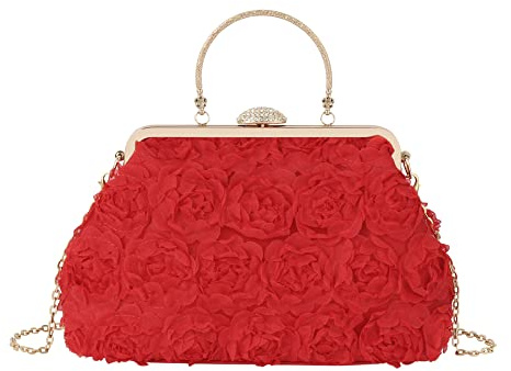MilyaDE Damen Clutch Blumen Elegante Brauttasche Hochzeit Party Kleidertasche Abendtasche Handtasche mit Kette Kiss Lock