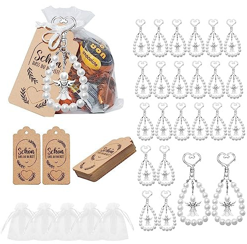 Qivine 24 Stück Schutzengel Schlüsselanhänger, 10cm Kleine Glücksbringer Angel Schlüsselanhänger Set mit Beutel und Grußkarten, Engel Anhänger für Kommunion Konfirmation Geschenk