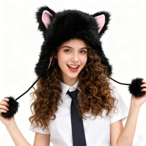 YJZQ Damen-Kappe, Kunstpelz, Fuchshut, mit Bommel, Balaclava, künstliche Hase, Mütze mit Fuchsohren, Wintermütze, warm, für Active Out-Door, Weihnachtskostüm, Schwarz , Einheitsgröße