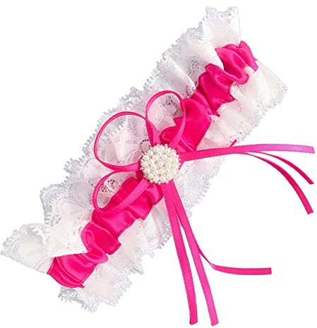Rockreyoa Brudstrumpeband med pärlrosett spets brudstrumpeband vita volanger strumpband elastiskt bröllopsstrumpband satin rosett ben band för kvinnor brudgåva, brudaccessoarer rosa