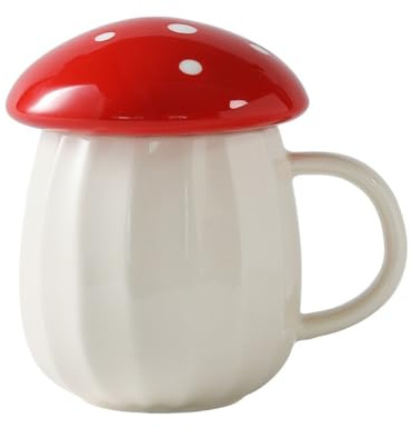 YDoLimmer Süße Pilztasse 250ml Keramik Kaffeetasse Niedliche Pilzform Kaffeebecher mit Deckel Teetasse Geburtstag Geschenk für Frauen,Mädchen,Kinder (Rot)