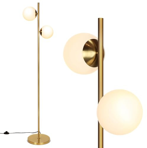 HOMASIS Stehlampe 165cm, Stehleuchte mit 2 6W-LED-Glühbirnen, Standleuchte mit E27 Fassung, Glaslampenschirmen & Fußschalter, Standlampe aus Metall, Leselampe für Wohnzimmer Schlafzimmer Büro, Gold