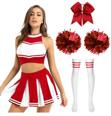 Alvivi Cheer Leader Kostüm Damen Cheerleading Uniform 5tlg.Crop Tops + Rock + Socken Pompoms Haarband Halloween Karneval Fasching Kostüm Rot M