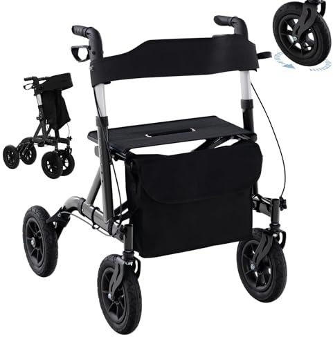 RELAX4LIFE Déambulateur 4 Roues, Déambulateur Pliable Léger Aluminium, Siège Temporaire, Roues Tout-Terrain, Hauteur 81-94 CM, Sac, Porte-Canne, Rollator Portable pour Agés Handicapés (Noir)