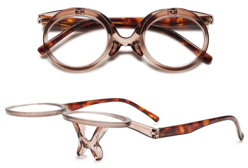 VEVESMUNDO Flip Up Lesebrille Runde Schminkbrille Auf und Bb Klappen Brillen mit klappbaren Glaesern +1.0,+1.5,+2.0,+2.5,+3.0,+3.5,+4.0 (1 Stück Transparent Braun, +2.5)