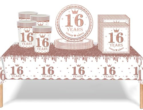 53Pcs Rose Gold 16th Birthday Party Tableware Decorations, Table Cloth Plates Napkins Cups Sets for Her Girls Birthday Table Decorations Gifts Dinnerware Supplies