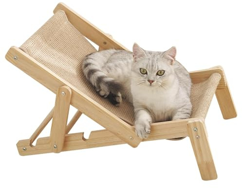Silla de Descanso y Rascador de Sisal para Gatos - Hamaca Ajustable de Playa con Almohadilla en Madera Maciza Natural