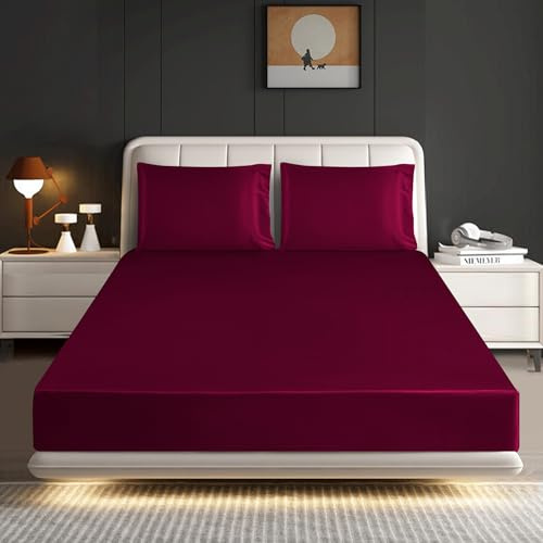 ROOEE Satin Silk Fitted Sheet with Pillowcase Set Breathable Soft Bedding Brushed Fabric Wrinkle, Shrinkage and Fade Resistant Bottom Bed Sheets (BURGUNDY, Double)