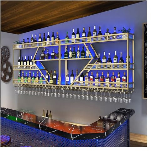 Großes Bar-Weinregal Mit Glashalter Industriell Wandmontierte Weinregal Mit LED-Leuchten Flaschenregal Metall Weinflaschenhalter Weinregale Weinglashalter Barregal Für Weinkeller Küche Gold/Schwarz(Co