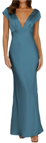 Halfisland Womens Summer Satin V Neck Cap Sleeve Backless Maxi Dress Elegant Twist Cut Out Midi Dresses Wedding Guest, Dark Blue, XL