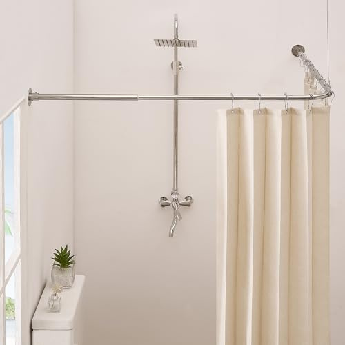 Crkmire Corner Shower Curtain Rod, Brushed Nickel [39-69] x [55-85] Adjustable L Shaped Shower Rod No-Sagging 90 Degree Curved Curtain Rod for Bathroom Bathtub with 12 Ring Hooks & Ceiling Support