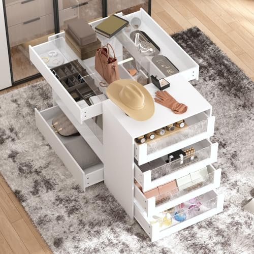 TAMUNE Armoire Bedroom Island Wardrobe Closet Island with 8 Drawers & Glass Tabletop, Walk in Closet Island with Drawers, Island Dresser with Display Shelf, for Bedroom White 47.2”W x 23.6”W x 31.5”H