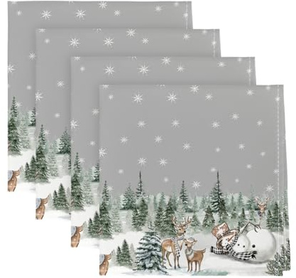 Artoid Mode Snowflakes Trees Snowman Deer Christmas Cloth Napkins Set of 4, 45 x 45cm Winter Table Dinner Reusable Napkins Party Kitchen Decoration