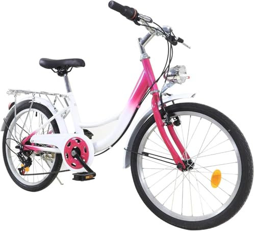 20 Zoll Kinderfahrrad, 6-Gang Kinder Mädchen Fahrräder Rosa Kinderrad Citybike mit Schutzblech und Lampe, Höhenverstellbar für Städte, Strände, Fahrradwege und Verschiedene Straßen