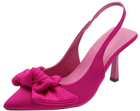 Cerise Pink Shoes for Women Heels Pointed Toe Bow Stiletto Ladies Slingback Sexy Wedding Party Prom Dress Sandals