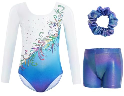 Gogokids Body da ginnastica per ragazze, a maniche lunghe, con strass scintillanti, per danza con pantaloncini, per 3-12 anni, B-bianco/Blu, 5-6 Anni