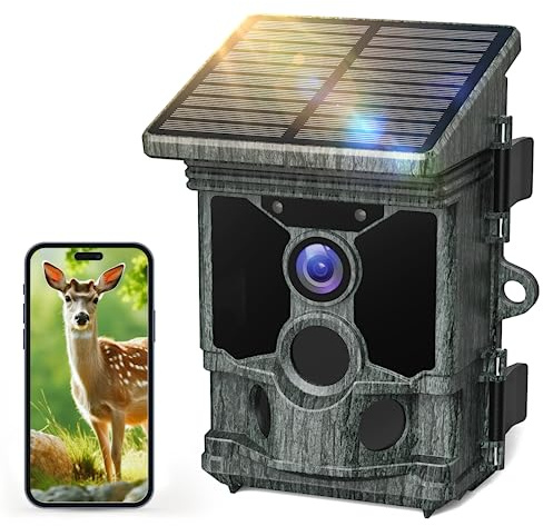 Caméra de Chasse Solaire 4K 46MP WiFi Bluetooth, Camera de Chasse Nocturne mit Activation de Mouvement, Camera Chasse Infrarouge Vitesse de Dclenchement de 0,1s Étanche IP66 pour Le Suivi de la Faune