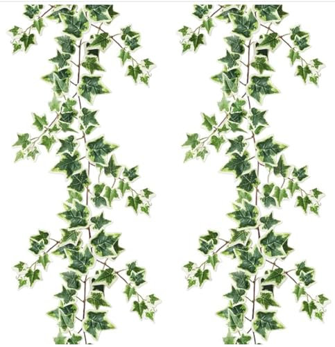 ChAusa 2 Pcs Artificial Ivy Garland 6.5 FT Fake Ivy Garland Decorations Odorless Silk Hanging Fake Vines UV Resistant Green Leaves Fake Plants for Indoor Outdoors Wedding Arch Wall Decor (White Green)