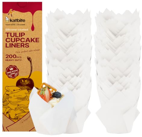 Katbite 200 PCS Cupcake Liners Tulip White ProSmooth | Standard-Muffinförmchen, Einweg-Backförmchen für Partys, Geburtstage, fettdichte Muffinförmchen in Gelb, Orange, Rot, Grün