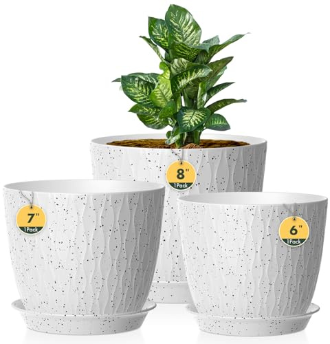 Lot de 3 pots de fleurs avec système d'irrigation, 20,3/17,8/15,2 cm, avec système d'irrigation, cache-pot avec soucoupe, idéal pour l'intérieur et les jardins de balcon, blanc à pois noirs