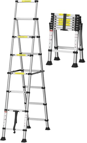 Telescoping Ladder, A-Frame Aluminum Telescopic Ladder,6+7 Steps Extension Ladder Adjustable Lightweight Folding Ladder,330lb Capacity 2.0+2.3M/6.6ft+7.5ft