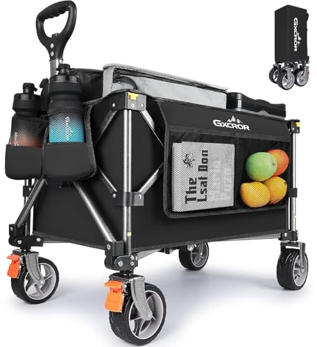 GXCROR Folding Trolley Cart 100L Heavy Duty Collapsible Wagon with 13cm diameter & 5cm Wide Wheels & Removable Wheels, Beach Utility Cart with Brakes & Side Pockets