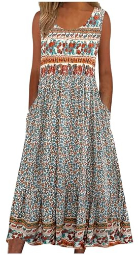 Women's Summer Casual Dresses Clearance Basic Dresses Ladies Fashion Sexy Sleeveless Pockets Round Neck Floral Print Dress Loose Beach Holiday Vacation Bohemian Midi Sundress Beachdress Dress