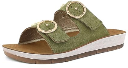 inblu Femme Ciabatte Donna Con Doppia Fibbia Dorata E Piccole Borchie, Plantare in Vera Pelle Imbottito Sandale Glissante, Tundra, 40 EU