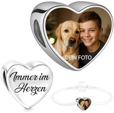 2Burned Personalisiertes Foto Charm Herz – „Immer im Herzen“ – Edelstahl Silber – kompatibel mit schlangenarmbändern – Individueller Schmuck – Fügen Sie Ihr Bild hinzu