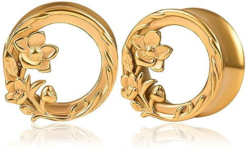 DOEARKO Ohr Flesh Tunnel 1 Paare Blume Ohr Tunnel Edelstahl Ohr Plug Expander Ohrpiercing Gestreckte Schmuck für Frauen und Männer 8-16MM (Gold, 8mm)