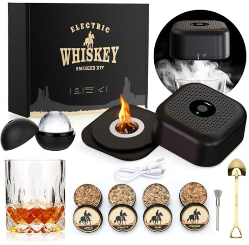 Kit elettrico per affumicatore di cocktail con 4 chips di legno e bicchiere per whisky, kit ricaricabile per affumicatore di whisky con accendino, regali di compleanno per uomini, papà
