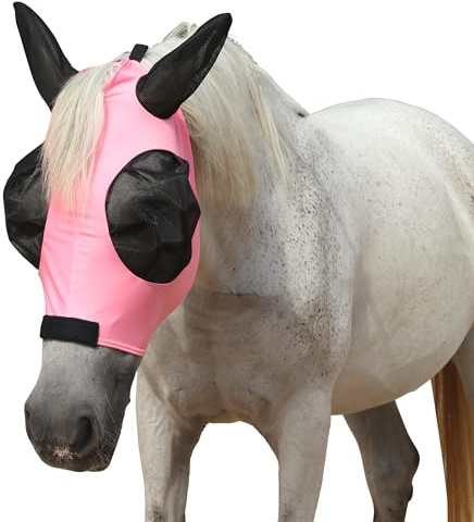 Leberna Stretchy Horse Fly Mask with Ears, Extra-Large Eyes & UV Protection–Soft, Breathable Fly Mask for Horses, Tangle-Free Design, Enhanced Visibility (Pink, Full)