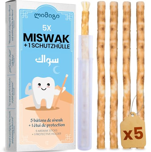 MODOGO 5 Bâtons de Siwak + 1 Étui de Protection - سواك Miswak Brosse à Dents Ecologique - 100% Naturel et Biodégradable - Hygiène Zéro-Déchets - Vegan