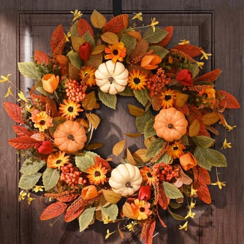 Waipfaru 24 Inch Fall Wreaths for Front Door Outside, Fall Decorations for Home, Large Autumn Wreath with Pumpkin for Indoor Outdoor Porch Thanksgiving Farmhouse Harvest Decor