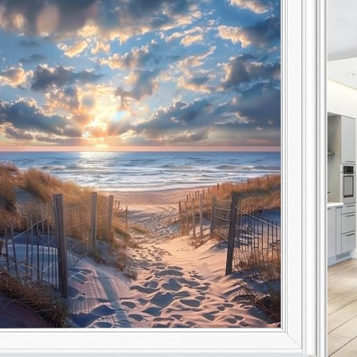 Retro Coastal Beach Window Privacy Film, Beautiful Sea Sand Dunes Sunrise Frosted Stained Glass Window Film Decorative Static Cling for Glass for Home 45x60 cm
