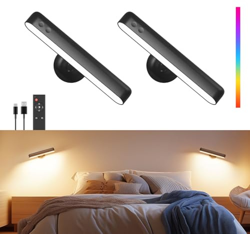 Rechargeable 7500mAh Battery Operated Wall Sconces for Bedroom,LED Wall Lights with Remote Control and Touch,360° Rotation,3 Colors Temperatures Dimmable Black Wall Lamps with 15 RGB Colors,2 Pack