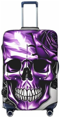 OAZCVBNN Einzigartige Kofferhülle mit violettem Rosen- und Totenkopf-Druck, Reisegepäckhülle mit elastischem, kratzfestem Design, Schwarz , S