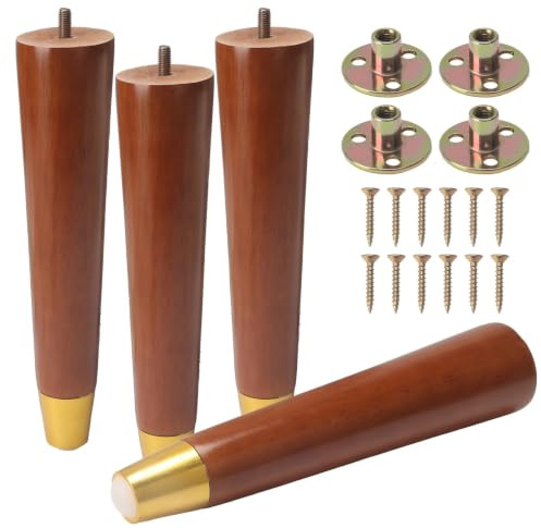 COEWUR 4 Pack Wooden Furniture Legs 25cm Replacement Sofa Legs Chair Legs | 10inch Screw in Wooden Legs for Furniture Couch Cabinets Dark Chair Bed Table Feet with Mounting Plates & Caps Pads & Screws
