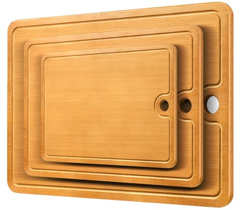 Planche à découper en 100 % bambou XXL – 3 planches en bois épaisses antibactériennes – Planche à découper massive avec rainure à jus – Planche à découper en bois 45 x 30 x 2 cm – Alternative à la
